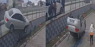 Otomobil cami bahçesine uçtu