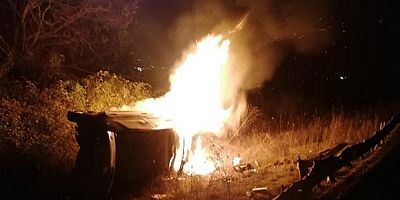 Şarampole yuvarlanan araç cayır cayır yandı