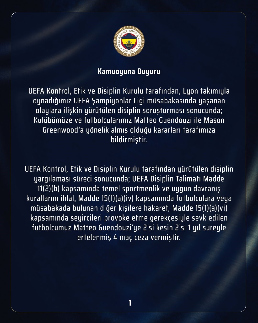 Fenerbahçe’den UEFA kararına dair açıklama