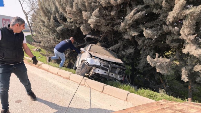 Bursa'da otomobil ağaçlık alana uçtu, 1 yaralandı