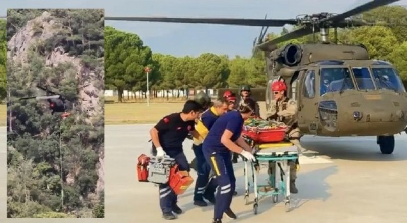Kayalıklardan düşen doğa yürüyüşçüsü askeri helikopterle kurtarıldı
