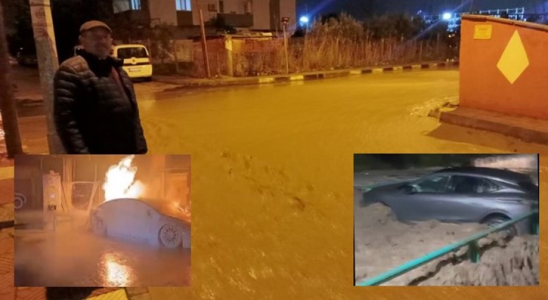 Otomobil dereye düştü, elektrikli otomobil alev aldı